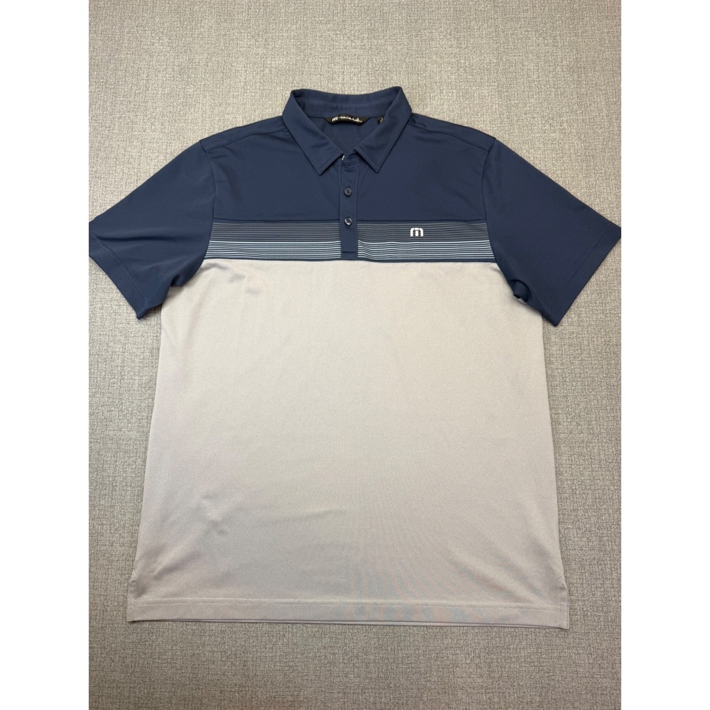 TravisMathew Men's Dinner Cruise Golf Polo Shirt Navy Blue Gray Striped Size L